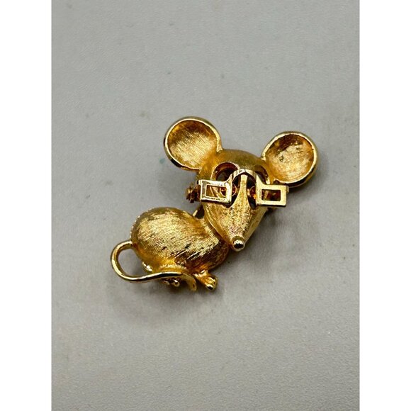 Vintage AVON Mouse with Eyeglasses Pin Brooch Gold Tone & Topaz Rhinestones Eyes - Picture 3 of 5